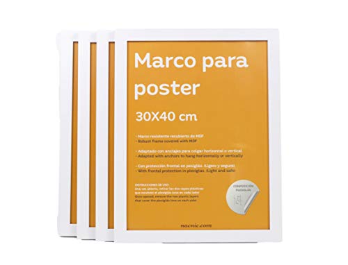 Nacnic - Conjunto de 4 molduras de madeira MDF branco e vidro acrílico | proteção e expositor de fotos, chapas, posteres, quadros e decoração para sala de estar, quarto ou escritório, 30 x 40 cm