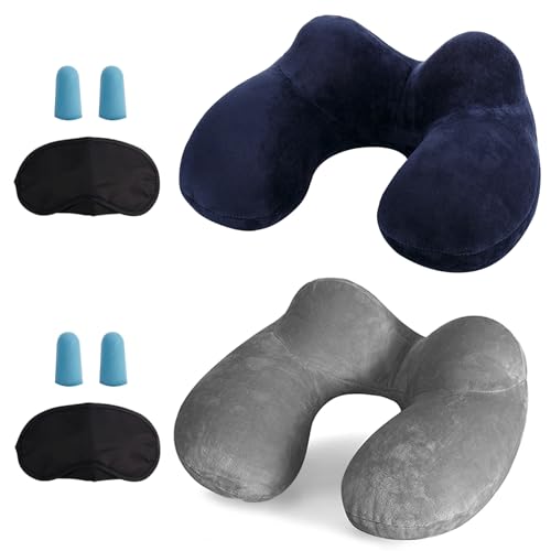 LUZWAY Almofada insuflável de viagem, almofada insuflável de pescoço de viagem, feita de veludo macio e capa lavável com tampões para os ouvidos, máscara para os olhos e bolsa de transporte (azul