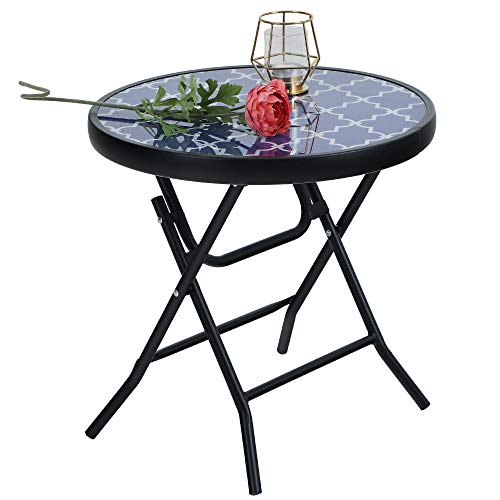 PHIVILLA Mesa lateral dobrável redonda de vidro de metal para jardim, mesa de café, mesa pequena de varanda, resistente às intempéries, fácil de limpar para varanda, jardim, terraço ou salão