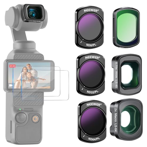 NEEWER Polarizado ND Filtro Set (embalagem de 4) ND8/PL ND32/PL ND64/PL CPL Difusão preta filtro 1/4 lente grande angular 0,75 X, lente macro 2X, protetor de ecrã compatível com dji Osmo Pocket 3