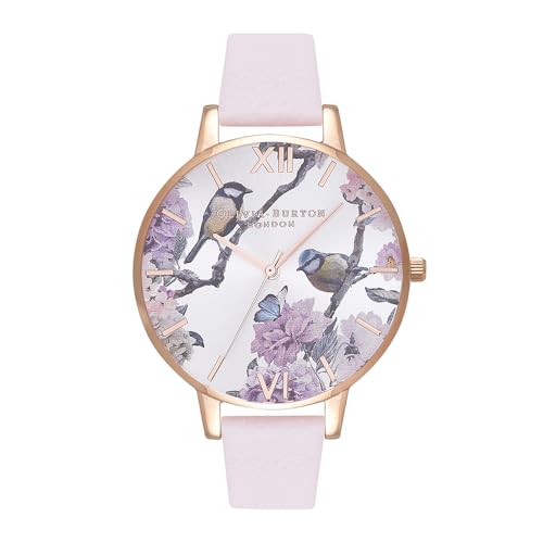 Olivia Burton Relógio analógico de quartzo para mulher coleção Pretty Blossom com correia de couro rosa - OB16PL35, ROSA, pulseira