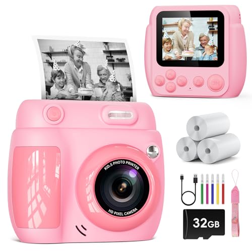 Câmara com fotos infantis instantâneas, LETSHAHA 1080P 20MP 10X 2,4 polegadas câmara de fotos instantâneas com 32 GB cartão e três rolos de papel para impressora, presentes para crianças entre 5 e 11