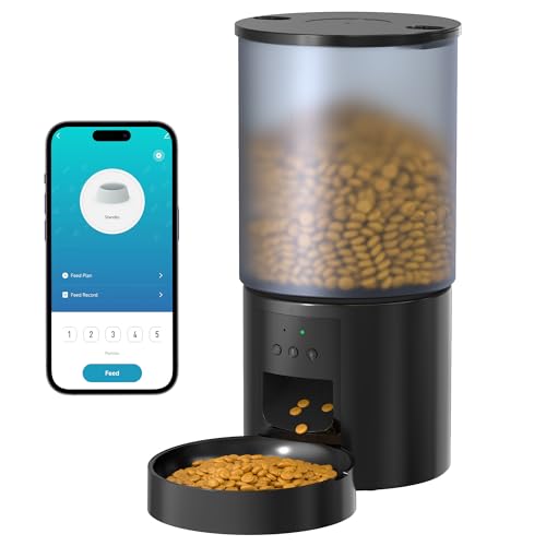 Alimentador gato automático WiFi: Dispensador comida gatos/cães com gravação 10s - máquina de comida inteligente para Kitty temporizador programável alimentador automático gatos Control App 6L preto