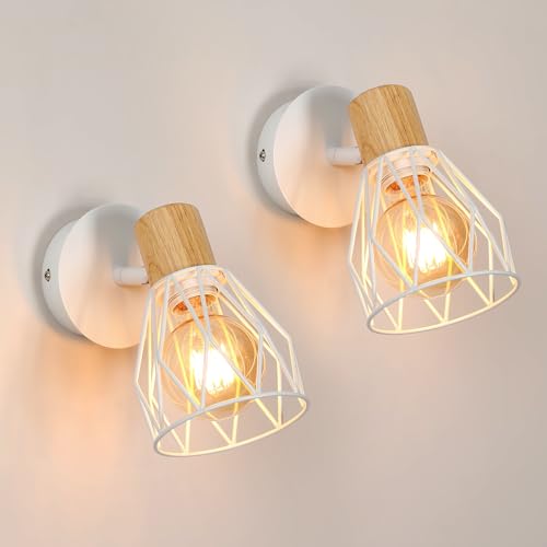 Comely 2 peças aplique de parede vintage, design de gaiola de metal candeeiro de parede interior industrial, iluminação E27 luz de parede ajustável para corredor escada quarto (branco)