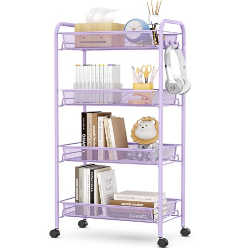 Urackify Carrinho de cozinha móvel multifuncional de 4 níveis, para casa de banho, cozinha e lavandaria, metal resistente à ferrugem, cesta de malha respirável e ganchos laterais incluídos, fácil