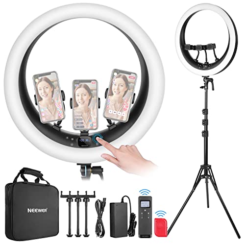 NEEWER RP19H Aro de luz de 19" com tripé e suporte móvel de 3, 2,4 G atualizado e controlo tátil, atenuação suave a 1%, 42 W CRI 97 2540 lux, anel de iluminação para Streaming Home Office Zoom Call