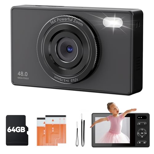 Câmara de fotos digital com cartão 64 GB: 48 MP câmara compacta 16X Zoom 1080P câmara de vídeo foco automático Vlog câmara rosa com 2 baterias para iniciantes crianças adultos