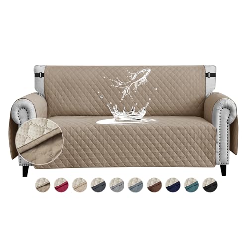 FIGOOO Capa de sofá impermeável 4 lugares antiderrapante com correias elásticas protetor para sofá acolchoado reversível para animais de estimação cães gatos, caqui