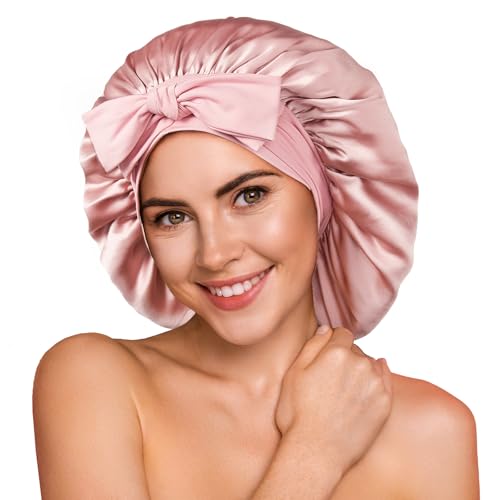 Umisleep 100% 22 Momme gorro de seda de amoreira para dormir, gorro de noite de seda suave de camada dupla para cabelo encaracolado, respirável, correia larga ajustável para prender à cabeça, rosa