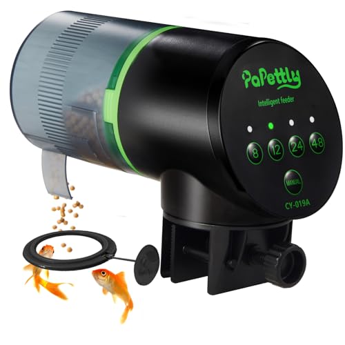 Papettly Alimentador automático aquário a bateria - 200 ml Alimentador automático peixes para tartarugas peixes com temporizador de férias, com 2 baterias AAA e anel de dispensador comida peixes,