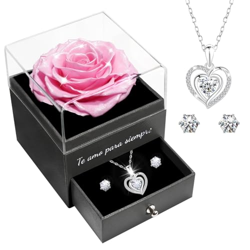 Miofula Rosa eterna presentes originais para mulher, flores preservadas caixa de presente com colar e brincos, presentes dia dos namorados mulher mãe namorada para o Natal aniversário aniversário dia