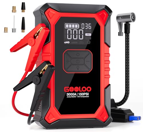 GOOLOO A3 Iniciador de baterias de carro com compressor de ar, 3000A iniciador de carros (9,0 l de gasolina/6,5 l de diesel) Acionador de carro portátil com desbloqueio automático de 150 PSI