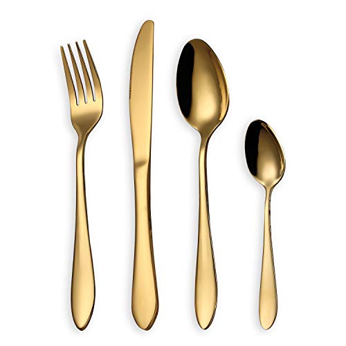 HOMQUEN Conjunto de talheres, conjunto de talheres de ouro, serviço de conjunto de aço inoxidável para 6 pessoas, 24 peças de talheres de sala de jantar