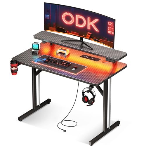 ODK Mesa de jogos, 80 cm, mesa de jogos com luzes LED e tomadas de corrente, mesa Gamer com prateleira para monitor, mesa de secretária computador fibra de carbono preto
