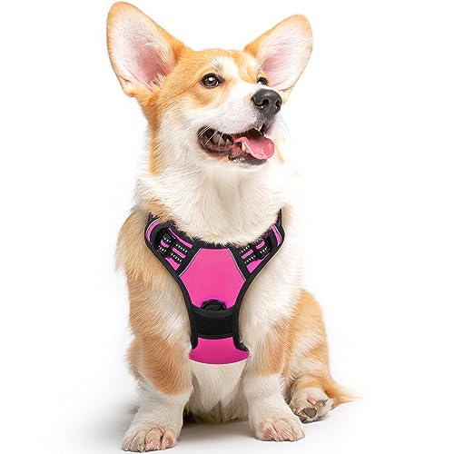 Eagloo Arnês cão médio, arnês antipuxões cão anti-escape, colete acolchoado ajustável, anéis de peito e costas, material respirável com fita refletora, exercício correr, M rosa vermelho