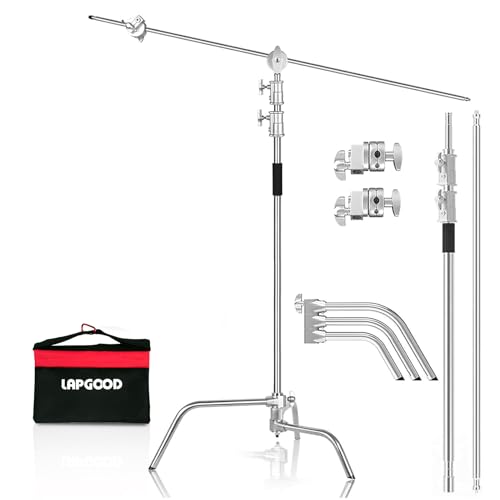 Lapgood C Stand 100 % aço inoxidável resistente com braço articulado, altura máxima 330 cm, suporte C ajustável para candeeiro com braço de fixação de 127 cm, 2 cabeças de pega para monoluz de estúdio