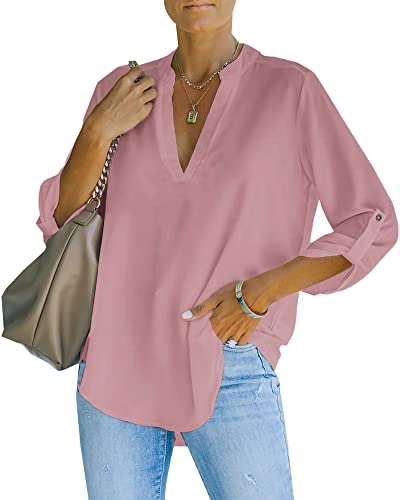 NONSAR Blusa elegante para mulher com decote em V, blusa Henley com mangas que podem ser remangas, blusa solta