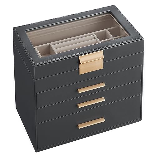 SONGMICS Caixa de jóias, caixa de jóias com 4 níveis, estojo para jóias com tampa de vidro, 3 gavetas, para óculos de sol, joias grandes, modernas, cinzentas e douradas JBC161C01