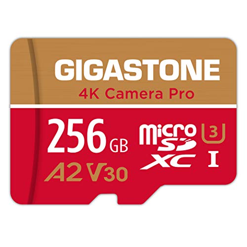 [5 anos recuperação de dados gratuita]GIGASTONE cartão MicroSD 256GB, GoPro, câmara de ação, câmara desportiva, para smartphone, Nintendo-Switch, 100 MB/s, 4K vídeo A2 V30 U3 MicroSDXC com A2 daptador
