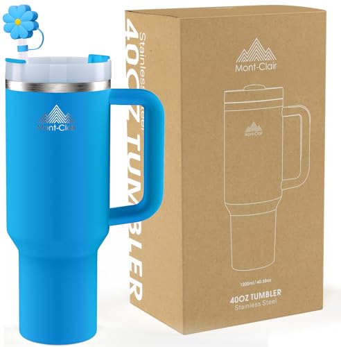 Tumbler 40 oz Caneca térmica café para levar com palha e tampa, copo térmico, aço inoxidável com alça, bebidas frias e quentes, fria durante 10 horas, gelada durante 48 horas, 1200 ml, azul