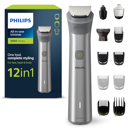 Philips Aparador de barba série 5000, máquina de cortar cabelo, corta-pelos para homem, kit 12 em 1 para rosto, cabelo, orelhas, nariz e corpo, 120 min de uso, seco e húmido, recarregável, capa,