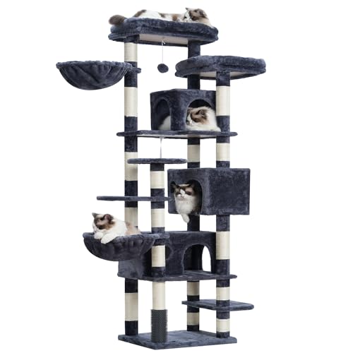 Hey-brother Árvore para gatos raspador XXL, torre de gatos multi - nível de 188 cm de altura, com 2 grandes plataformas, 3 grutas e 2 cestas, cinzento fumado 0EMPJ035-MG