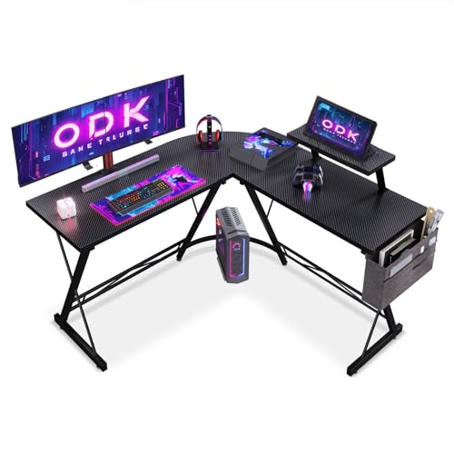 ODK Mesa de jogos com suporte para monitor de mesa em L mesa para computador fibra de carbono preta 127 x 127 cm