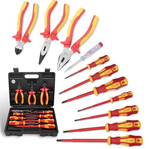 CCLIFE 11 peças Chave de fenda isolada VDE, conjunto alicates elétrico, porta-rolos elétrico 1000 V e chaves de fenda Phillips e chave de fenda plana