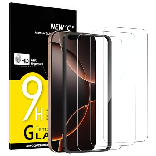 NEW'C 3 peças, protetor de ecrã para iPhone 16 Pro (6,3 polegadas), vidro temperado com ferramenta de instalação fácil incluída, anti-riscos, anti-impressões digitais, dureza 9H, ultra resistente