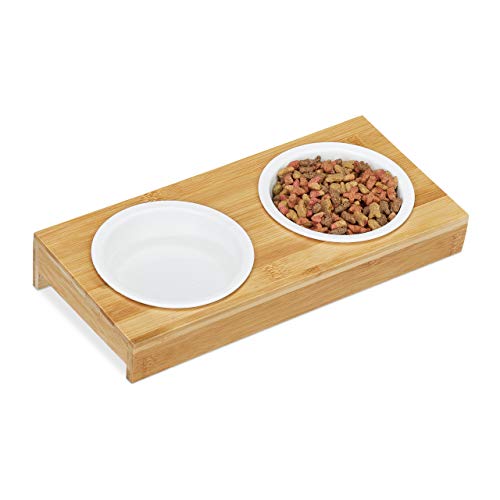 Relaxdays Alimentador duplo, gatos e cães, 2 pratos de cerâmica, 200 ml, máquinas de lavar louça, suporte de bambu, natural / branco