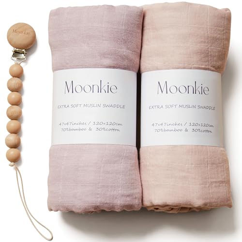 Moonkie Muselina bebé embalagem de 2, manta para bebé, bambu de algodão 120 x 120 cm, arrolho bebé recém-nascido, Swaddle bebé ultramacio e respirável, toalha para bebé, certificação OKEO-Tex