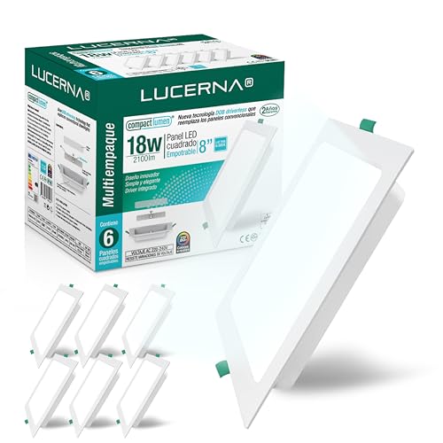 LUCERNA Downlight LED teto embutido quadrado, holofotes LED interior teto quadrados, Plafon LED teto quadrado orifícios, Downlight LED quadrado em PACK de 6 - (luz fria (6500 K), 18 W)
