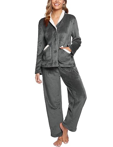 iClosam Pijama inverno flanela macia para mulher - conjunto longo de 2 peças com botões, polar quente para casa e dormir S-XXL