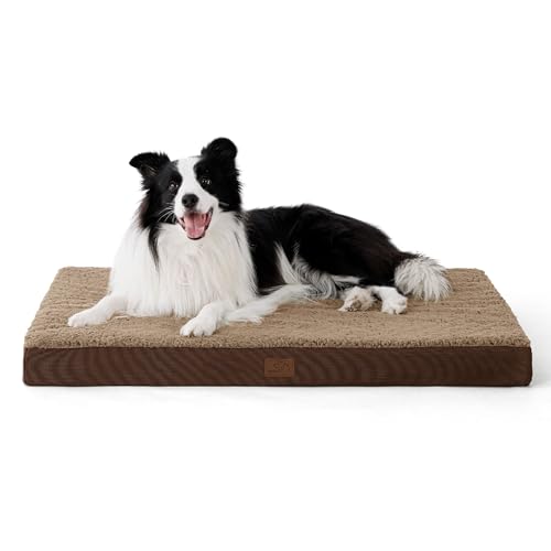 Bedsure Cama de cão ortopética grande - colchão cão lavável e destacável, almofada viscoelástica para cão com espuma de caixa de ovos, castanho, L, 91 x 69 x 7,6 cm