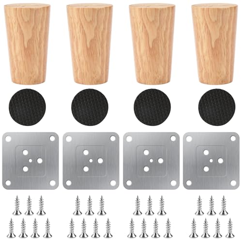 4 peças pernas para móveis de madeira, 8 cm pernas de madeira para móveis, pernas de substituição para móveis, com placa de montagem, parafusos e protetor antiderrapante, para sofá-cama, poltrona e