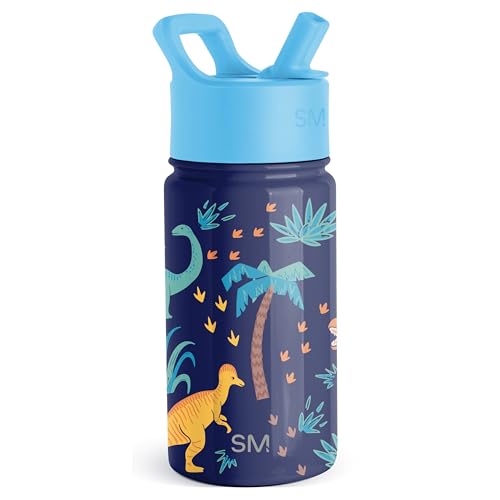 Simple Modern Garrafa de água para crianças com palha | Garrafa térmica de aço inoxidável isolada reutilizável para meninos e meninas, Summit | 415 ml, Jurassic Jungle