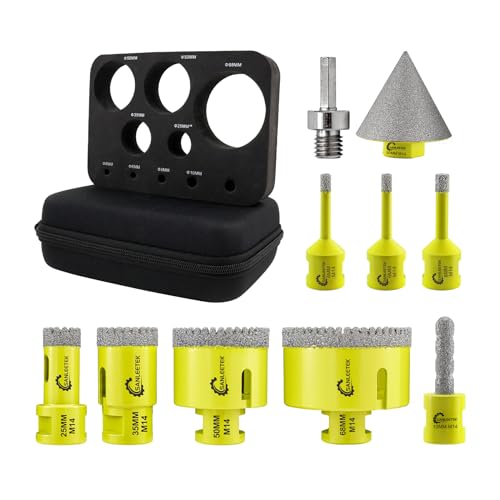 Jogo Brocas diamante 10 peças - (6/6/8/25/35/50/68 mm + 10 mmBroca fresada 50 mm Chanfro + Adaptador) SANLEETEK Dentado serra perfuradora de diamante cerâmica Porcelânico mármore granito M14 rosos. Ca