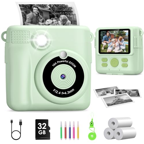 Câmara fotos infantis instantâneas, GREENKINDER câmara fotos infantis, 2,4" HD 1080P câmara instantânea para crianças com cartão de 32 GB, canetas coloridas e papel de impressão, presentes brinquedo