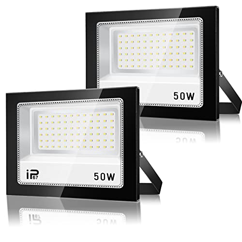 VRFMALIY Foco LED para exterior, 50 W, 2 peças, 5000 LM 7000 K projetor LED, IP67 impermeável 72 LEDs super brilhante, branco frio luz de segurança, luzes LED exteriores para jardim, garagem, pátio
