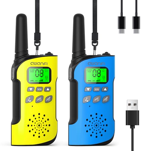 AWANFI Walkie Talkie para crianças, 3-12 anos, Walkie Talkies recarregável com bateria de iões de lítio, VOX, função SOS e lanterna, longo alcance, walkie talkies para campismo, aventuras, presentes