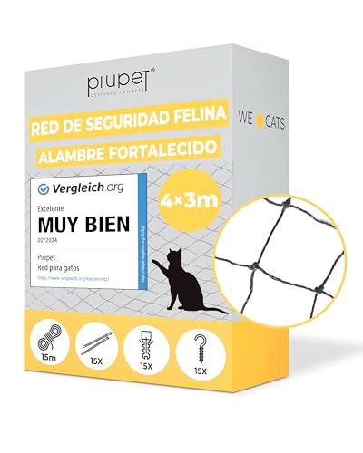 PiuPet® Rede para gatos reforçada I 4 x 3 m I preto I para varanda, terraço e janela I inclui conjunto de fixação | rede para gatos terraço | rede protetora varanda, redes para gatos para janelas