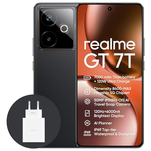 realme Smartphone GT 7T 5G, 12 + 512 GB, bateria de 7000 mAh, carregamento de 120 W, processador Dimensity 8400-MAX, IMX896 50 MP câmera, AI Planner, ecrã Pro-Esports de 6000 nits120 H. Z, IP69 ,Preto