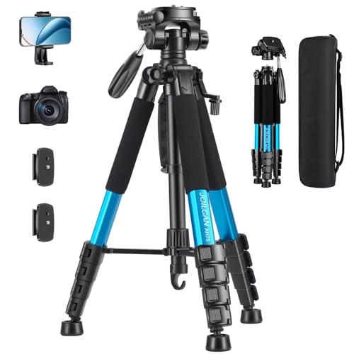 JOILCAN 187 cm, tripé leve câmera, alumínio, para Canon Nikon Sony com cabeça giratória removível de 3 vias, com sobretudo de telemóvel, bolsa de transporte, carga até 5 kg (azul)