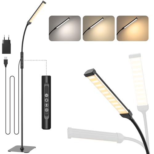 Mojimdo 120 LED Touch Control candeeiro de pé [3 cores e 10 brilhos] Slim LED leitura candeeiro de pé, 1H temporizador leitura candeeiro de pé para quarto, escritório, sala de estar - adaptador