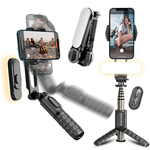 KOSCHEAL Estabilizador de telemóvel, bastão Selfie estabilizador com luz de enchimento, rotação de 360° e com controlo sem fios para Android e iPhone, ideal para Vlogging, Youtube e TikTok ​​com
