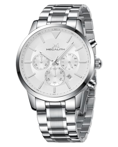 MEGALITH Relógio masculino analógico cronógrafo elegante relógio prata homem aço inoxidável com calendário relógio homem relógio homem pulseira homem quartzo
