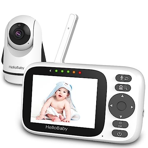 HelloBaby Vídeo monitor para bebés com câmara e áudio, apenas movimento, rotação de 355° câmara bebé sem WiFi, visão noturna, ecrã IPS HD áudio bidirecional modo VOX 8 idiomas e nanás