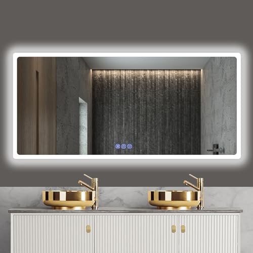 Espelho de casa de banho com luz 150 x 70 cm, espelho de casa de banho LED com anti-embaciamento, 3000 K/4500 K/6000 K, regulável, memória e vidro temperado HD (IP65), espelho com luz de banho LED