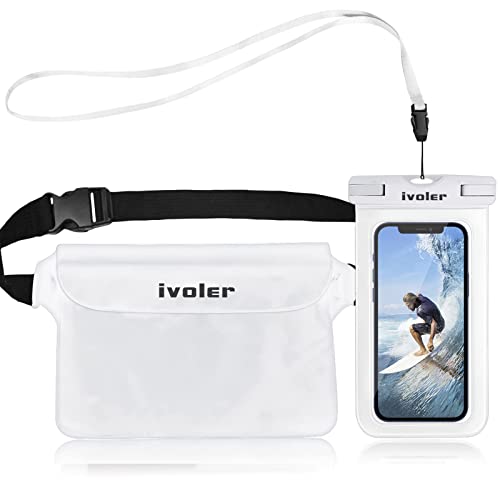 ivoler Conjunto de bolsa impermeável com bolsa de cintura impermeável e capa de telemóvel impermeável para praia natação barco pesca, proteção telemóvel, câmara, documento, passaporte, branco, Branco