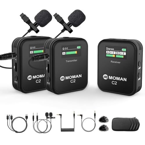 Moman Microfone lapela sem fios profissional, C2X Wireless Mic com ecrã TFT para DSLR câmara móvel câmara de vídeo portátil e tablet, microfone sem fios - lapela-micro-gravata